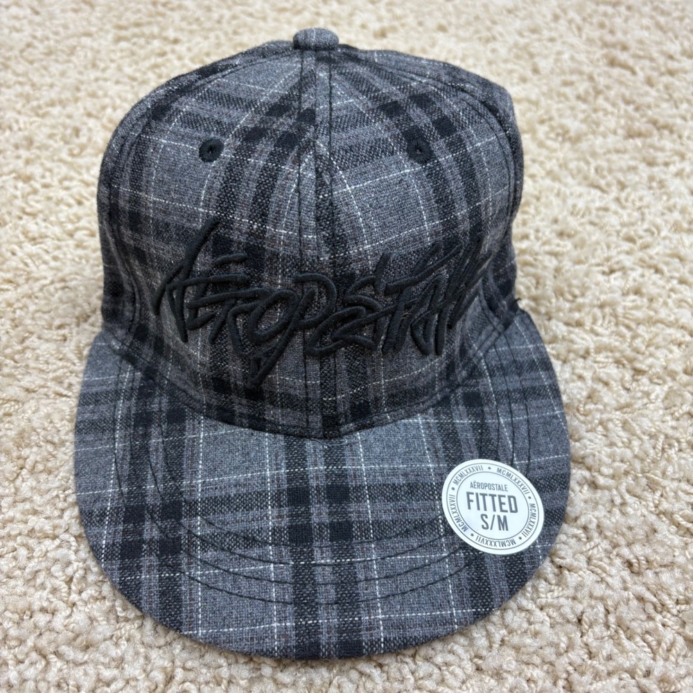 Aeropostale Fitted Baseball Cap S/M Gray Plaid‎ Embroidered Logo Snapback Hat - Picture 2 of 5